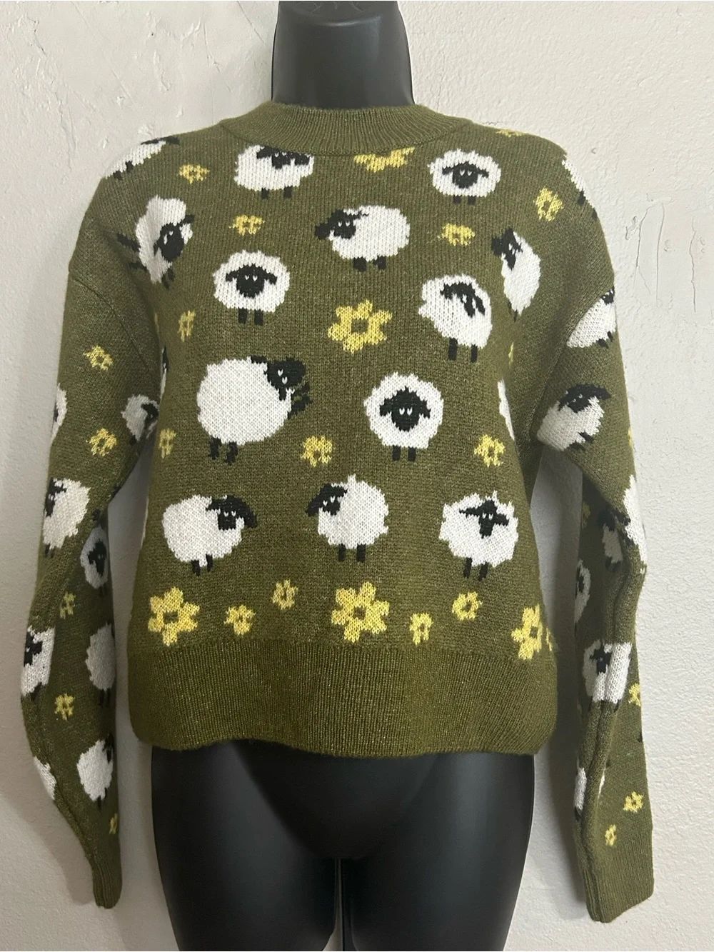 Zara Olive Green Sheep-Print Women's Sweater size Small